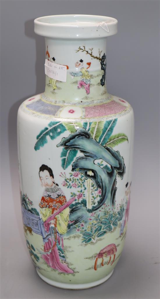 A large Chinese famille rose rouleau vase, worn Qianlong mark, probably Republic period H.45cm